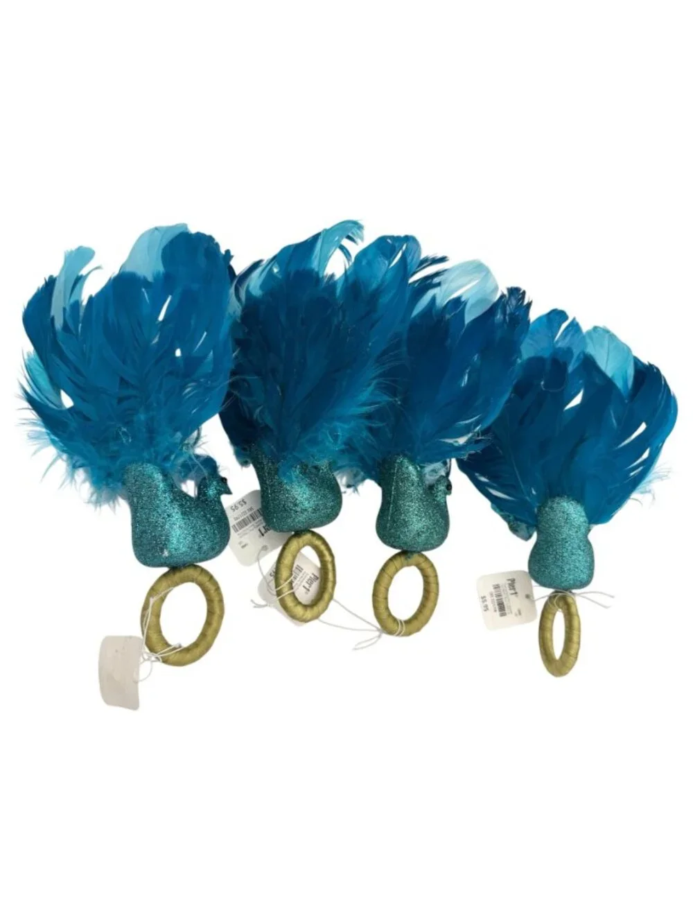 Pier 1 Teal Glitter Peacock Discontinued Napkin Rings Full Feathers Set of 4 NWT